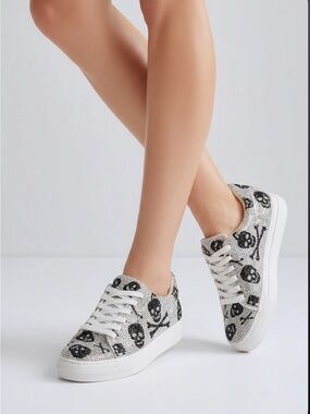 Betsey Johnson Silver and Black Skull Crystal Lace-Up Sneakers